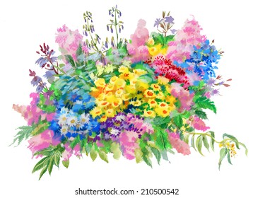 Watercolor Illustration of bouquet of wild flowers vector illustration