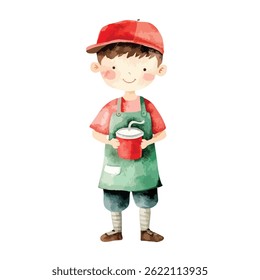 watercolor illustration of boy Barista clipart isolated