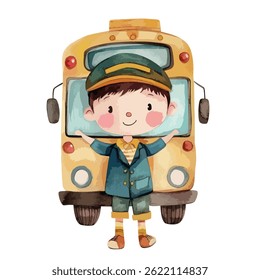 watercolor illustration of boy Bus Conductor clipart isolated