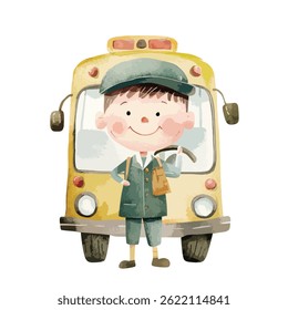 watercolor illustration of boy Bus Conductor clipart isolated