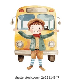 watercolor illustration of boy Bus Conductor clipart isolated