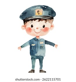 watercolor illustration of boy Bus Conductor clipart isolated