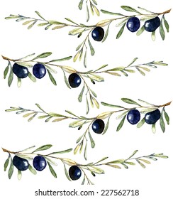 Watercolor illustration with branch with  black olives. Seamless pattern