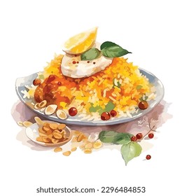 Watercolor illustration of briyani or fried rice dish