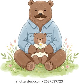 Watercolor Illustration Brown Bear Dad and Child Holding Flower on Meadow