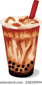 A watercolor illustration of brown sugar bubble tea in a plastic cup with a red straw. The milk tea swirls beautifully with ice cubes and black tapioca pearls, creating a rich and appetizing look