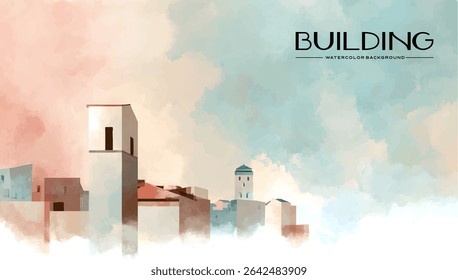 Watercolor illustration of buildings against a cloudy sky.