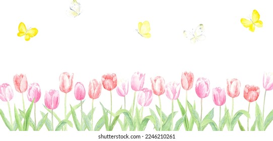 Watercolor illustration of butterflies flying in the tulip field