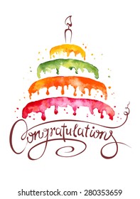 Watercolor illustration -- Cake and Congratulations