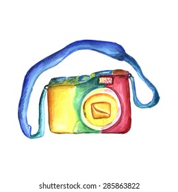 Watercolor illustration of camera with origin bright desing. Vector illustration. Bright as a rainbow camera for creative photographers.Ideal design element for visit cards for phono studio.Photolab. 