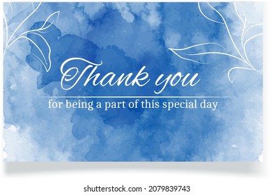 Watercolor illustration of a card with gratitude for a holiday or a gift on a blue background with white flowers