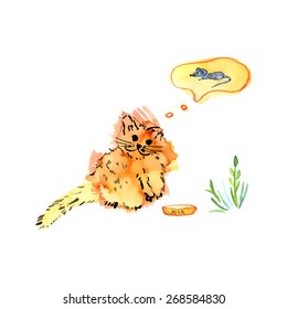 Watercolor illustration of cat dreaming of a mouse with plate for milk and green grass around. Vector illustration. 