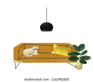 watercolor illustration of cat sitting on the sofa. interior design vector illustration. mid century modern style. textured hand drawn furniture  illustration. 