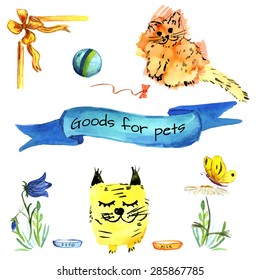Watercolor illustration of cats with a ball, bow, plate with milk and food, flowers and butterfly on white background. Blue ribbon with sing Goods for pets. Vector illustration. 