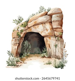 A watercolor illustration of a cave entrance made of layered rocks, with plants growing on and around it, creating a natural, earthy scene.