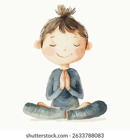 A watercolor illustration of a child, eyes closed, sitting cross-legged, hands clasped in prayer, radiating tranquility.