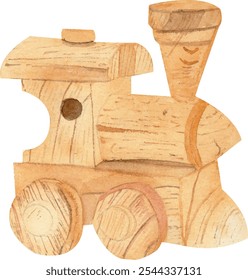 Watercolor illustration children's toy wooden train composition isolated from the background. Hand drawn drawing of retro kid things. For invitations, greeting cards, prints posters, stickers and more