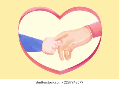 Watercolor illustration of child's hand holding parent's finger in heart frame on light yellow background.