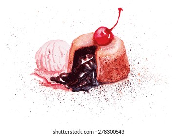 Watercolor illustration of chocolate fondant with cherry and ice-cream