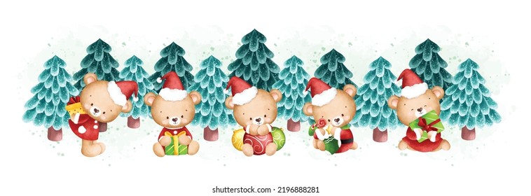 Watercolor Illustration Christmas banner Cute teddy bears   Christmas tree