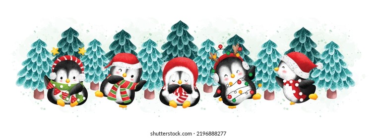 Watercolor Illustration Christmas Banner Penguin And Christmas Tree