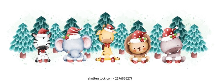 Watercolor Illustration Christmas Banner Safari Animals And Christmas Tree