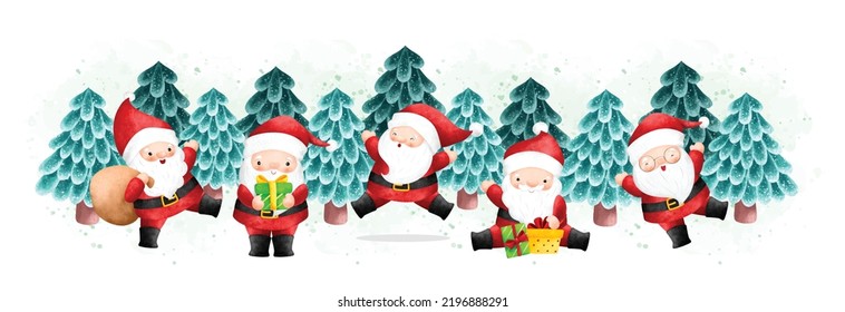 Watercolor Illustration Christmas banner Santa Claus and Christmas tree