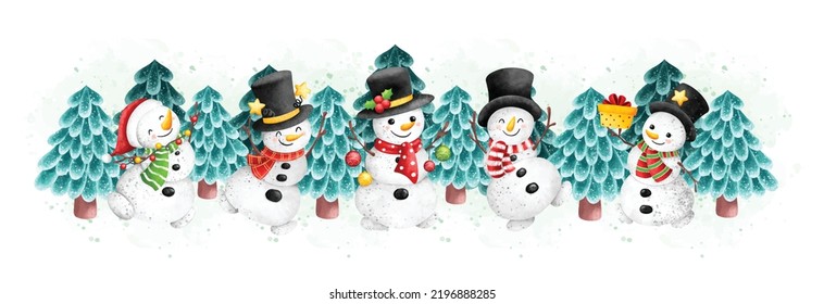 Watercolor Illustration Christmas banner Snowman and Christmas tree