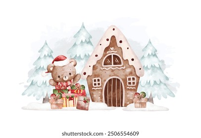 Watercolor Illustration Christmas Bears and Tree in Snow