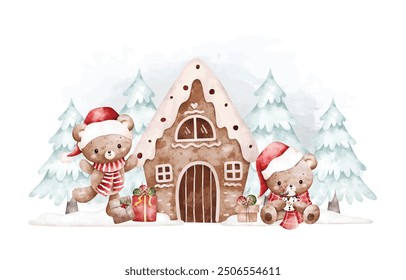 Watercolor Illustration Christmas Bears and Tree in Snow