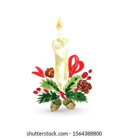 Watercolor Illustration of Christmas Composition with Candle. Hand Drawn Illustration on White Background Backdrop