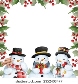 Watercolor illustration Christmas decoration frame with snowman