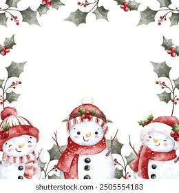 Watercolor Illustration Christmas Frame from Snowman and Holly Plants