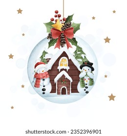 Watercolor illustration Christmas glass ball with snowman