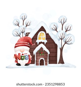 Watercolor illustration Christmas gnome with wooden house in winter