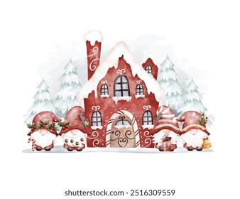 Watercolor Illustration Christmas Gnomes with House and Tree in Winter Season