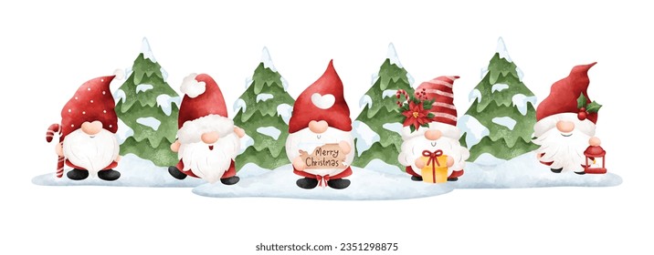 Ilustración acuarela gnomos de Navidad y banner de árbol de nieve