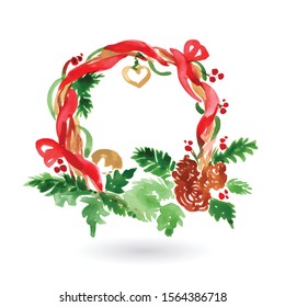 Watercolor Illustration of Christmas Pine Tree Wreath with Red Ribbon. Hand Drawn Watercolor Illustration on White Backdrop