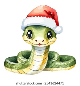 Watercolor illustration of a Christmas Snake wearing Santa Claus hat drawing by hand isolated on white. Symbol 2025 Chinese Year. For Christmas Cards, Scrapbooking, Textile, Sublimation printing