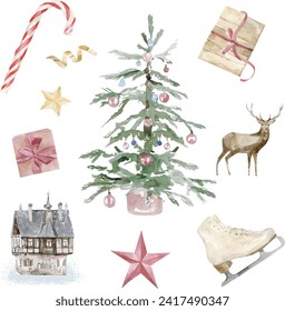 Watercolor illustration of Christmas vector objects set. Composition Happy New Year. Pine twig, branch, house, ribbon, candy, bow. Vector Illustration of tree decoration, xmas background	