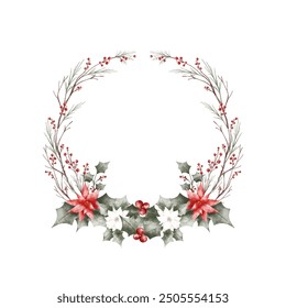 Watercolor Illustration Christmas Wreath from Flowers and Holly Plants