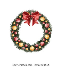 Watercolor Illustration Christmas Wreath with Ornaments