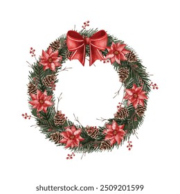 Watercolor Illustration Christmas Wreath with Ornaments