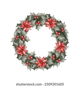 Watercolor Illustration Christmas Wreath with Ornaments