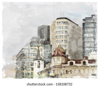 Watercolor Illustration Of City Scape