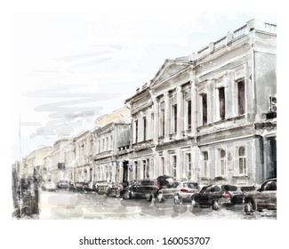 watercolor illustration of city scape