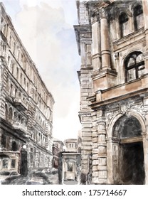 Watercolor Illustration Of City Scape