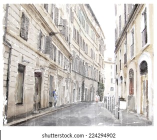 watercolor illustration of city scape. 