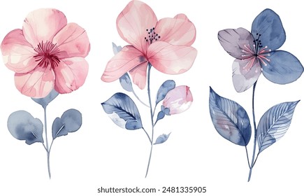 Watercolor illustration, clipart, set of pink flowers, background for design	
