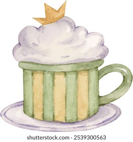 A watercolor illustration of clouds and stars inside a cup